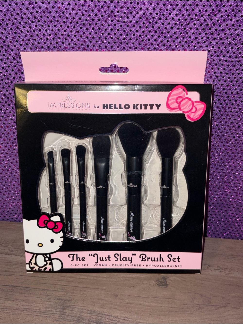 🆕💜 Hello Kitty “Just Slay” Makeup Brush Set Pink Black 6 Piece Vegan Brushes NWT